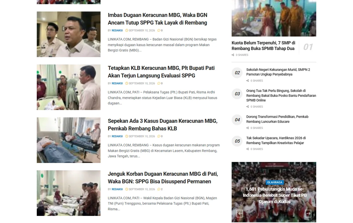 Daftar berita Linikata dengan panel trending di sisi kanan