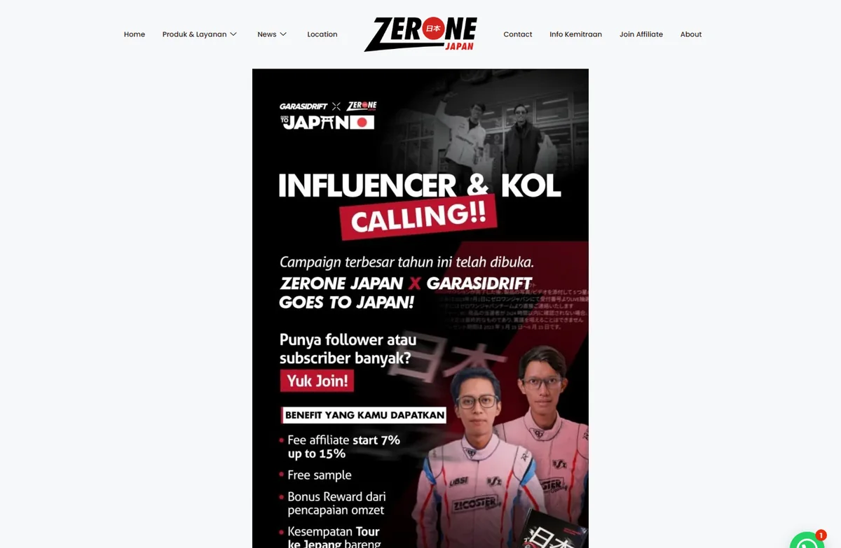 Halaman pendaftaran program affiliate Zerone Japan